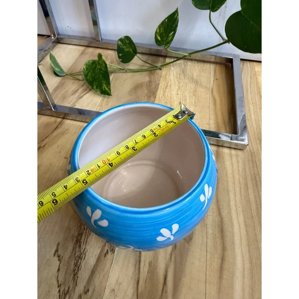 Blue Ceramic Bowl with White Floral Pattern